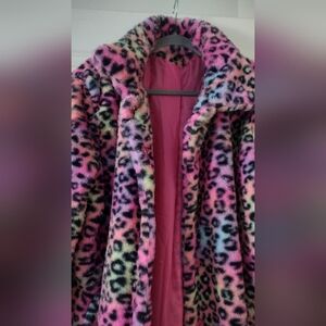 Women's Rainbow Leopard Faux-Fur Coat - Pink Multicolor